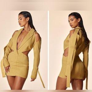 NWT PLT Label Mustard Strap Sleeve Detail Cut Out Blazer Dress